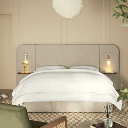 Della Extended Headboard Bed with Storage, Soft Beige Chenille