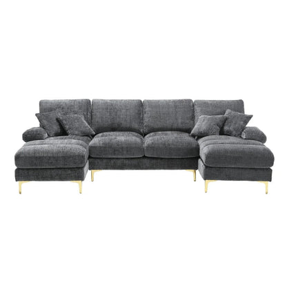 Grey U-Shaped Modular Sofa with Pillows, Double Chaise & Rubber Pads – Chenille Sectional for Living Room (272L x 136W x 88H cm)