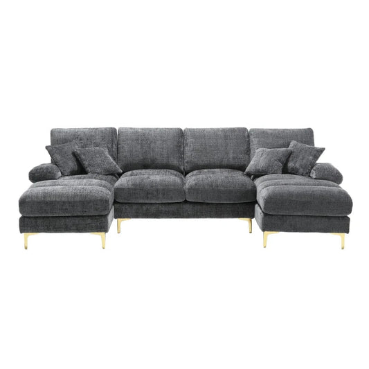 Grey U-Shaped Modular Sofa with Pillows, Double Chaise & Rubber Pads – Chenille Sectional for Living Room (272L x 136W x 88H cm)