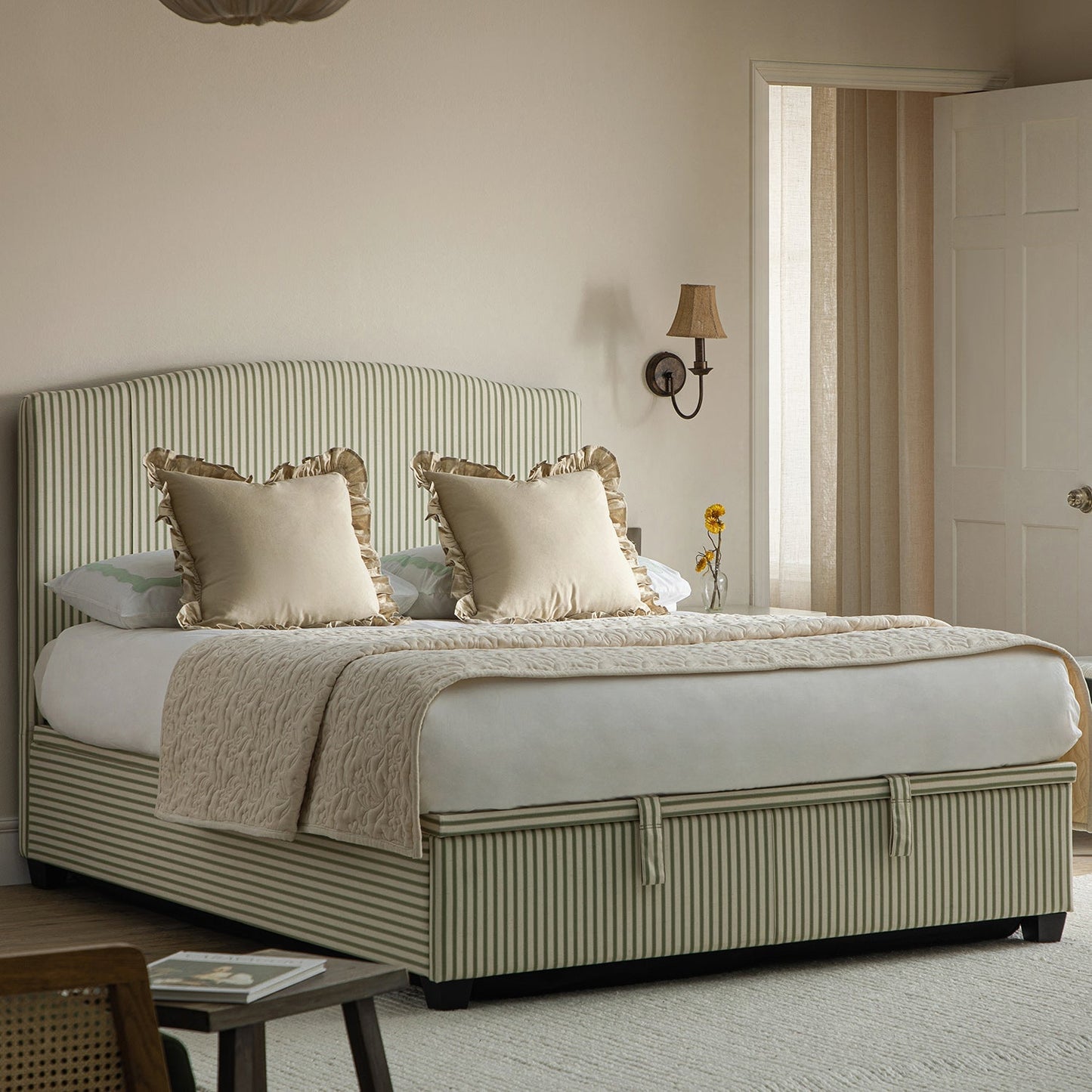 Chilworth Upholstered Ottoman Bed with Storage, Green Stripe Linen Blend