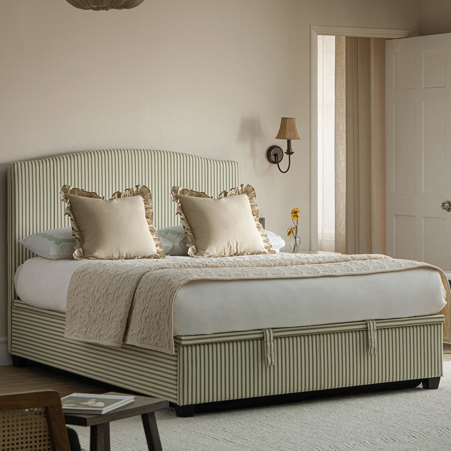 Chilworth Upholstered Ottoman Bed with Storage, Green Stripe Linen Blend