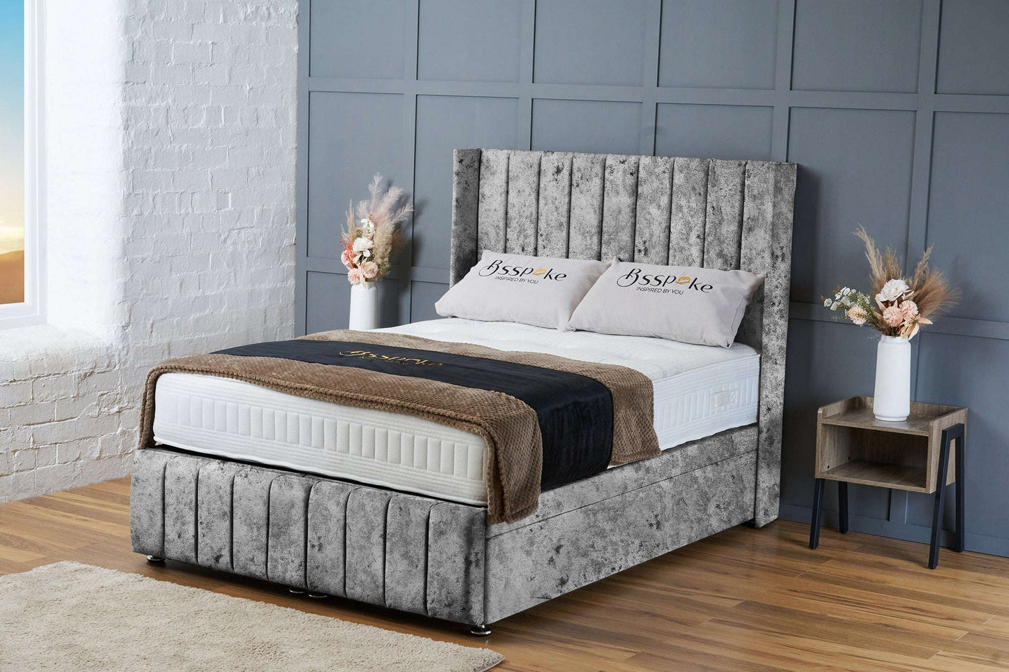 Zoe Custom Ottoman Divan Bed – Choice of 20 Fabrics – Grey Crushed Velvet