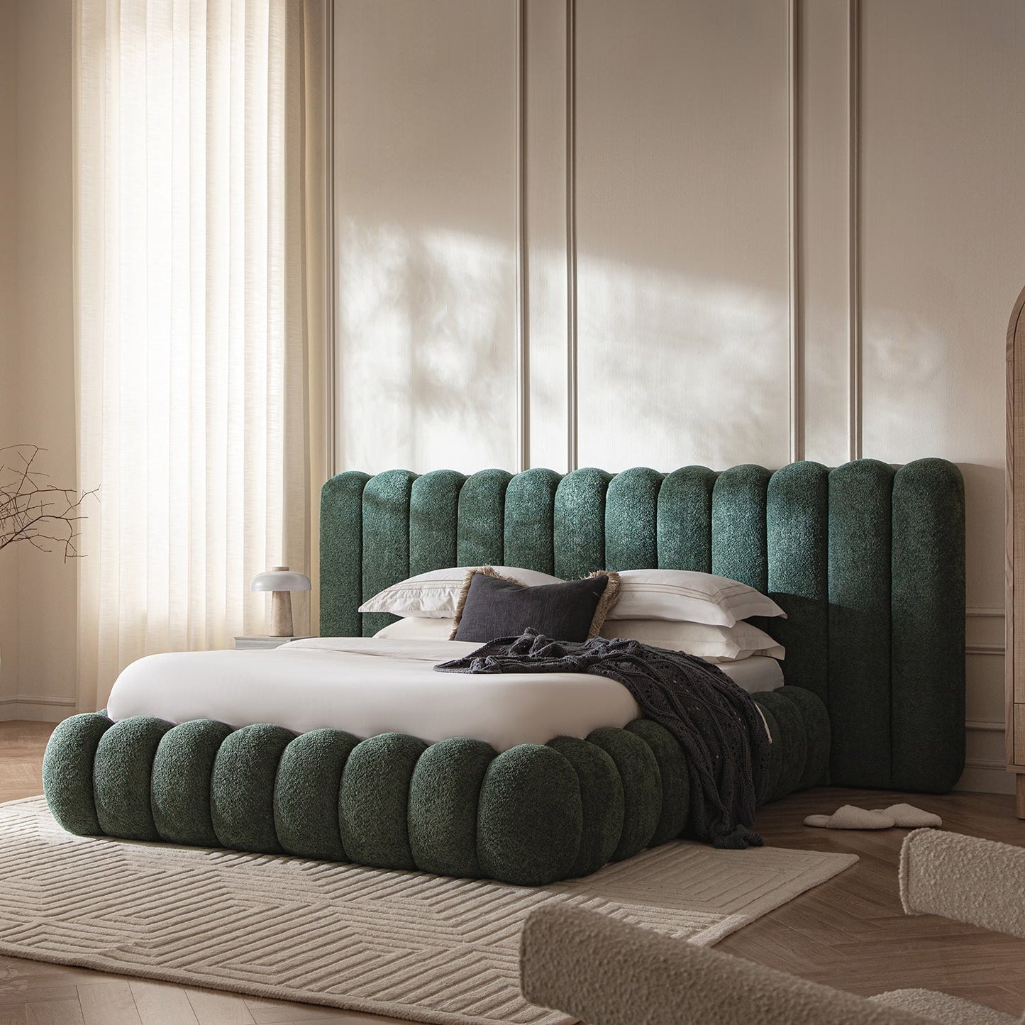 Sebastian Grand Bed with Storage, Forest Green Teddy Bouclé
