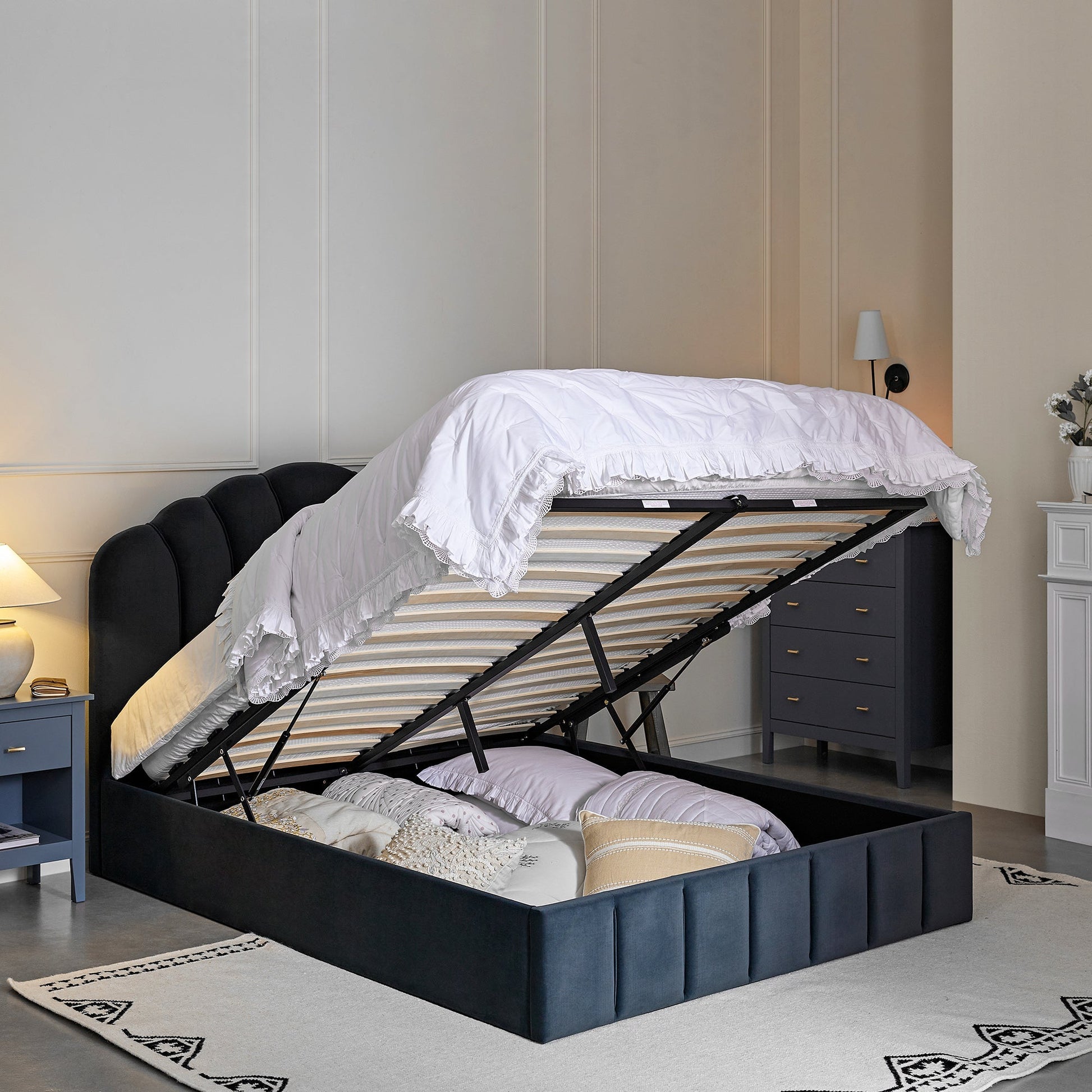 Hana Ottoman Bed with Storage, Aegean Blue Velvet