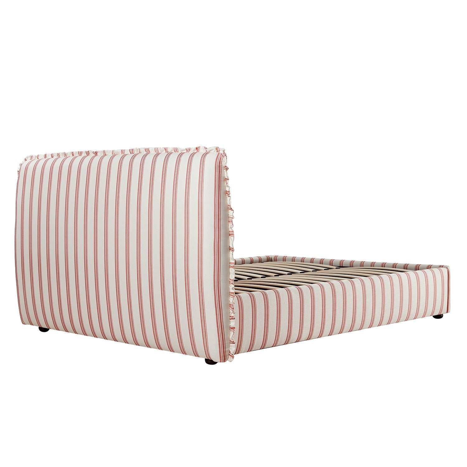 Celeste Upholstered Bed with Storage with Ruffled Headboard, Peony Red Stripe