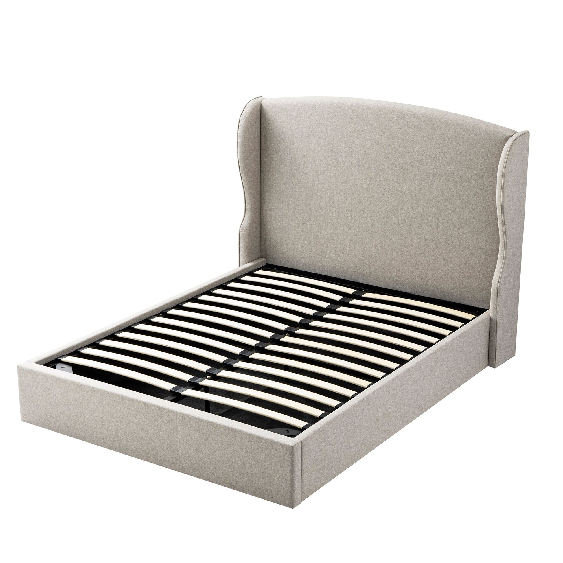 Kimberly Winged Upholstered Bed with Storage, Sand Fabric