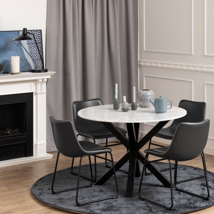 Heaven Round White Polished Marble Dining Table with 4 Oregon Chairs In Black