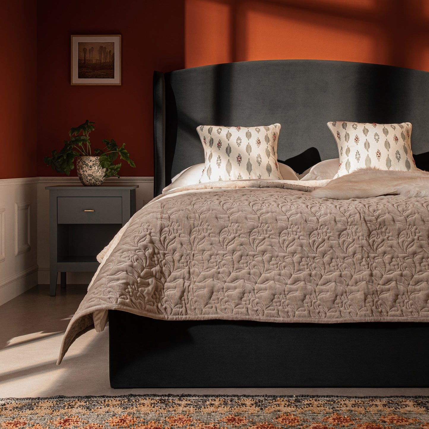 Kimberly Winged Upholstered Bed with Storage, Aegean Blue Velvet
