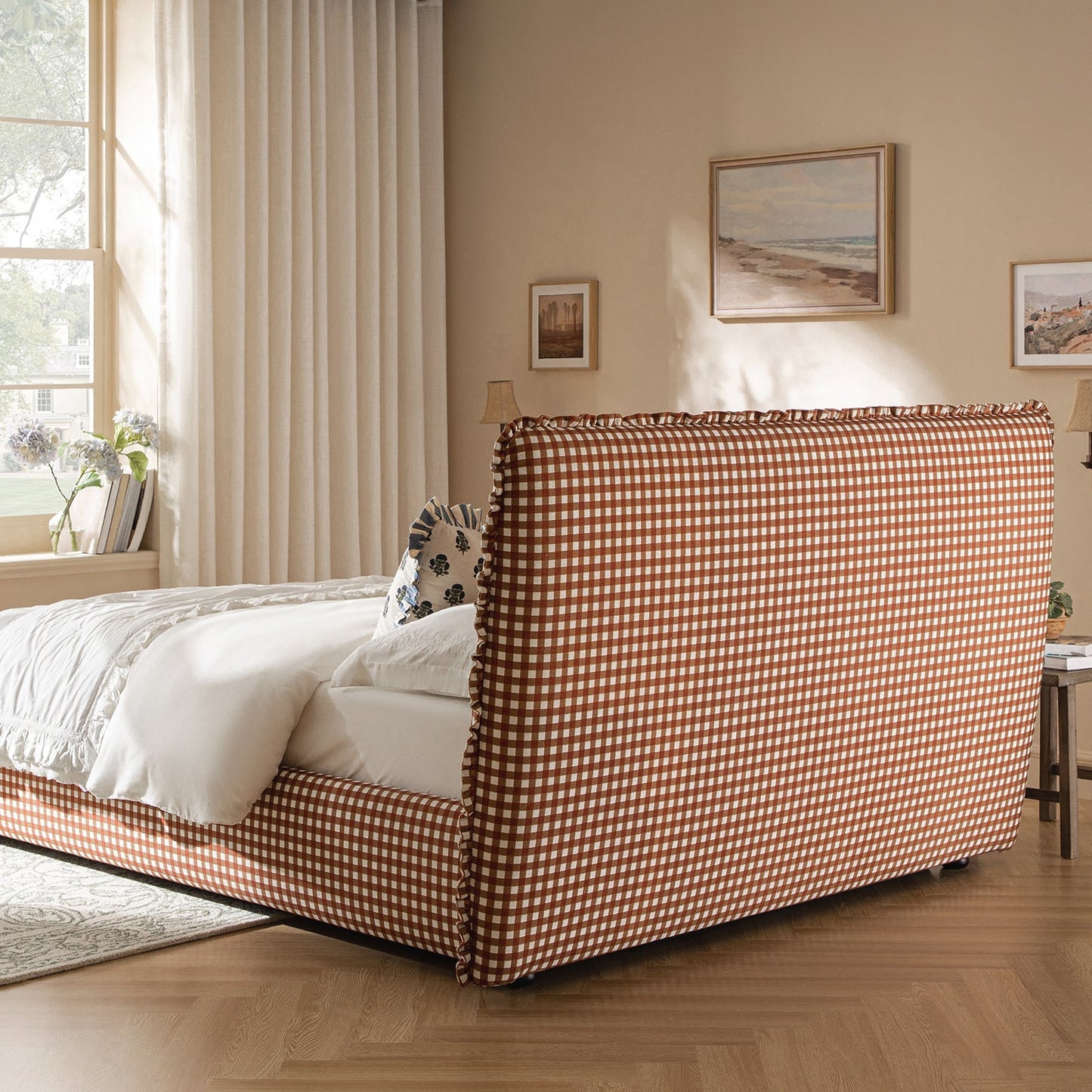 Celeste Upholstered Bed with Storage with Ruffled Headboard, Brick Gingham