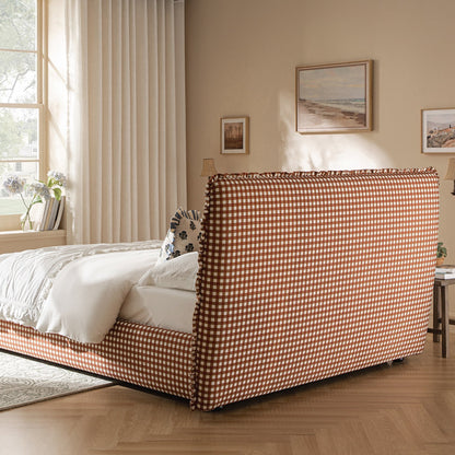 Celeste Upholstered Bed with Storage with Ruffled Headboard, Brick Gingham