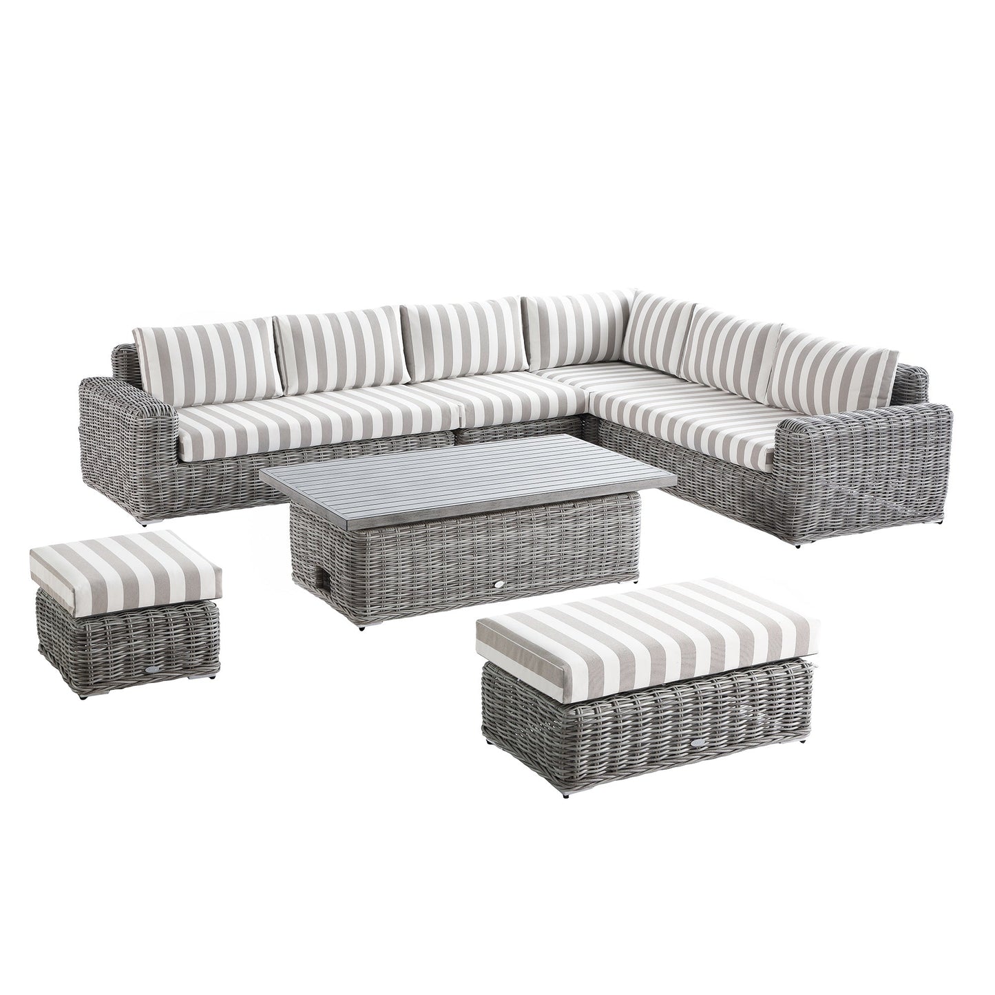 Bellagio Round Wicker Large Corner Casual Dining Set with Rising Table, Light Grey with Taupe Stripes