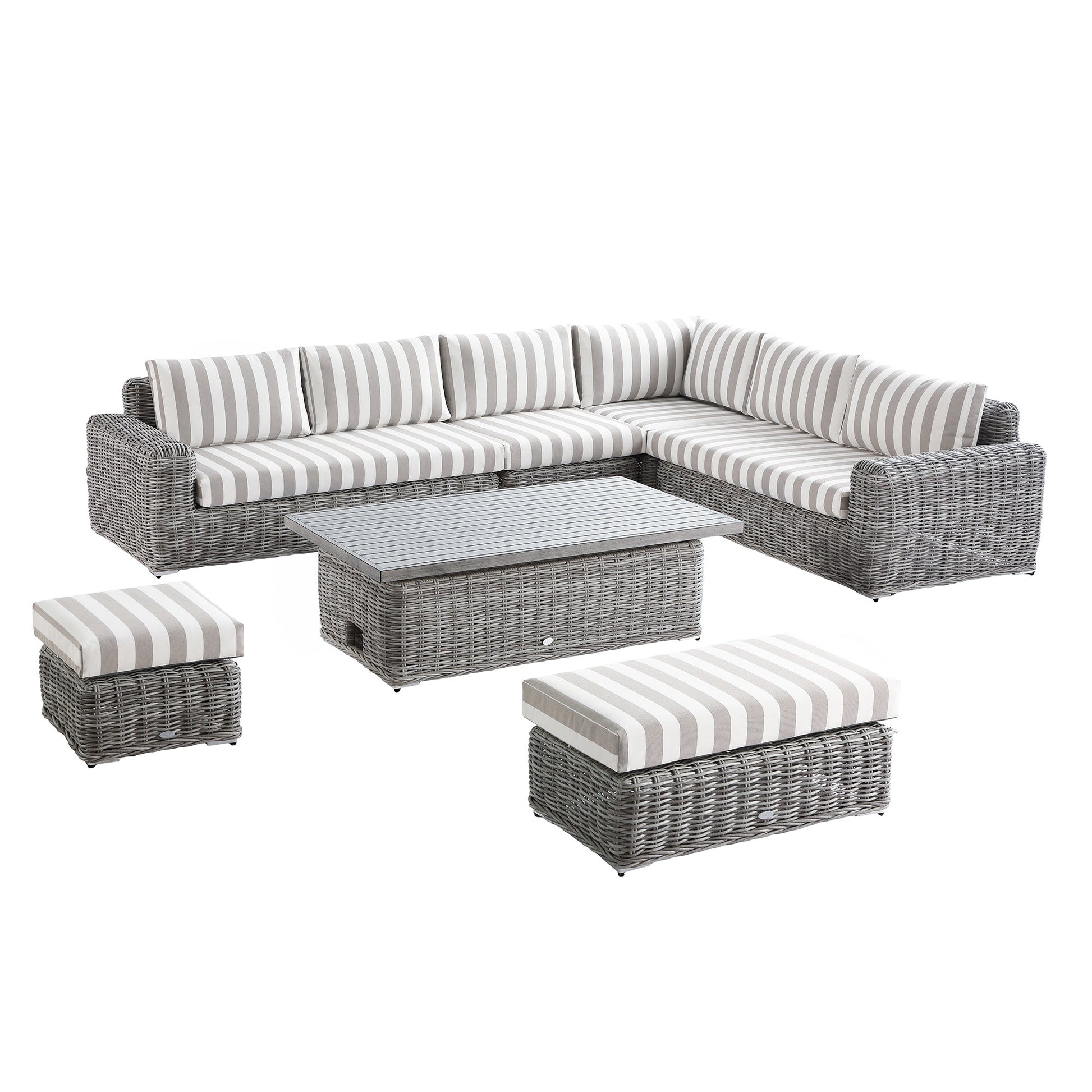 Bellagio Round Wicker Large Corner Casual Dining Set with Rising Table, Light Grey with Taupe Stripes