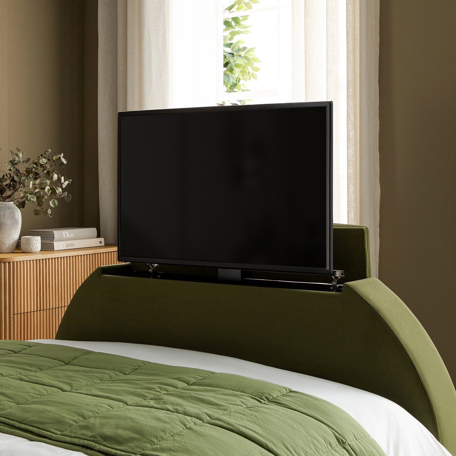 Archer Moss Green Velvet TV Bed with Ottoman Storage