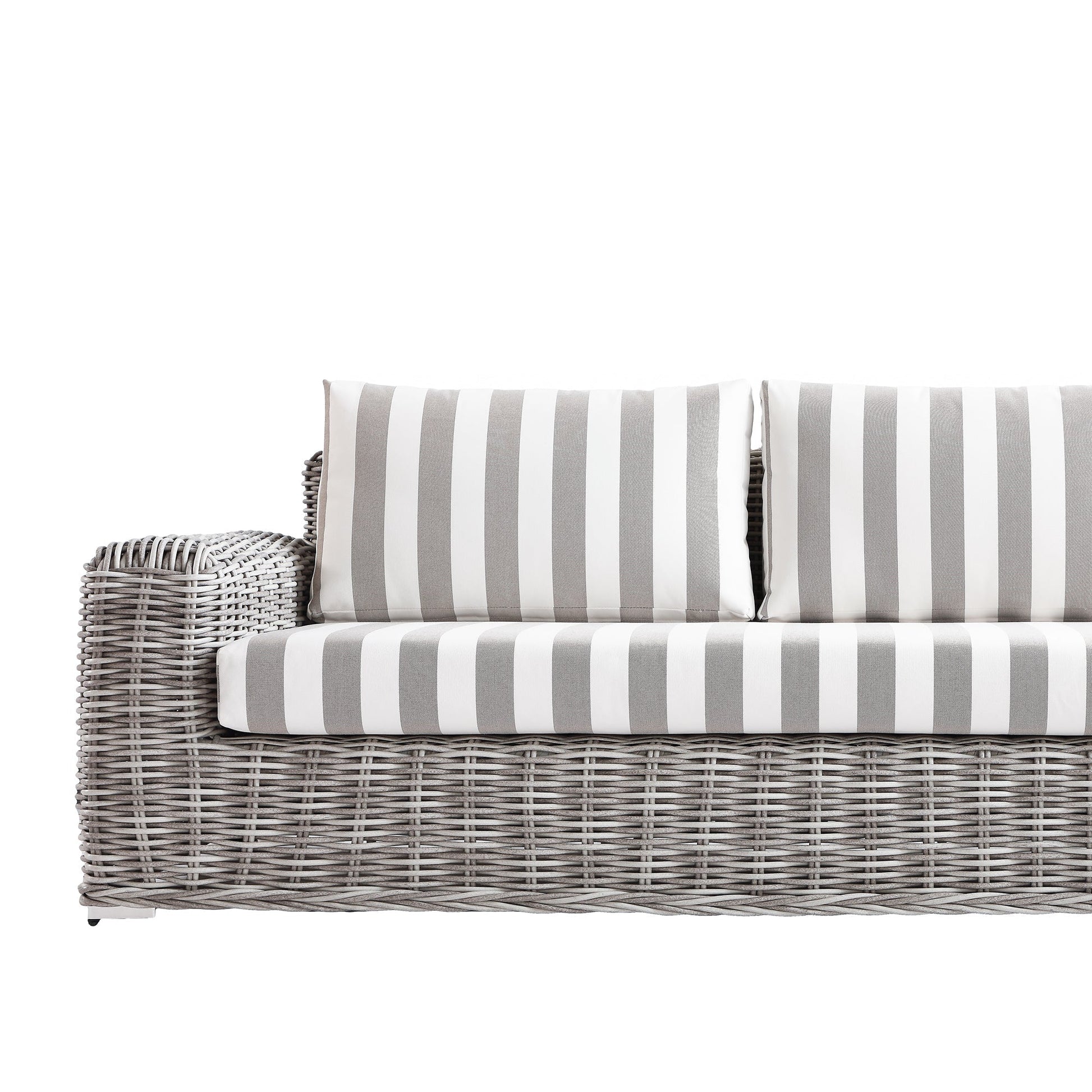 Bellagio Round Wicker Large Corner Casual Dining Set with Rising Table, Light Grey with Taupe Stripes