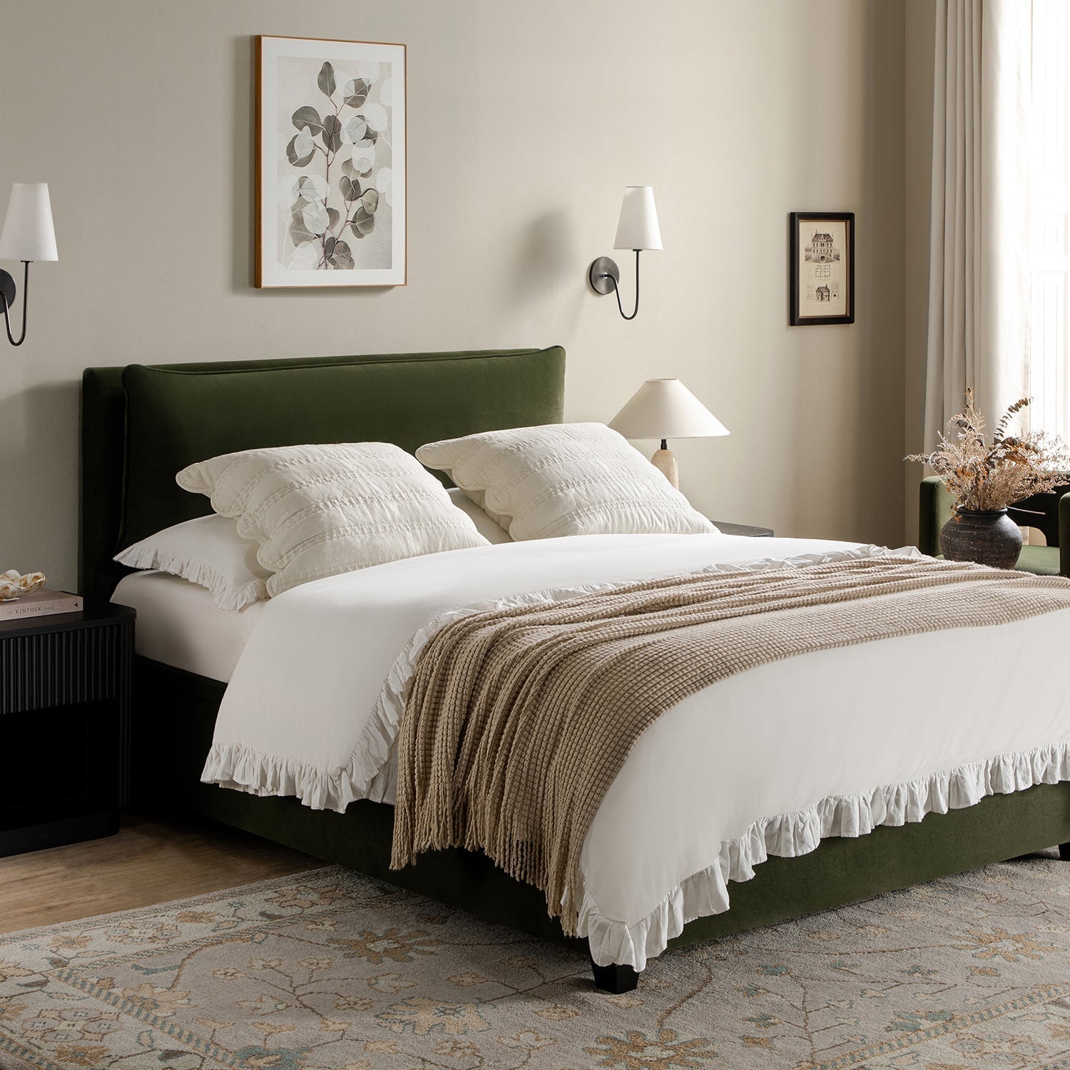 Kricia Upholstered Bed with Storage with Pillow Headboard, Moss Green Velvet