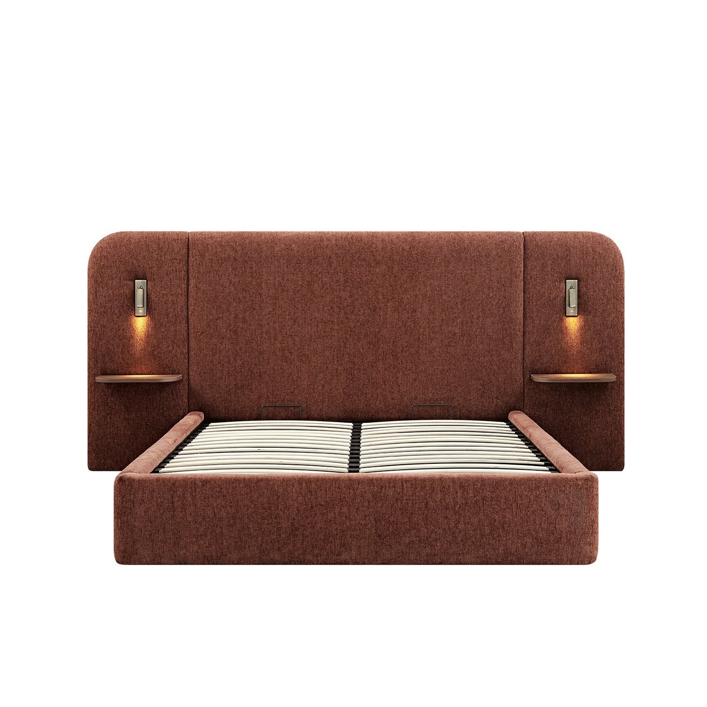 Della Extended Headboard Bed with Storage, Burnt Brick Chenille