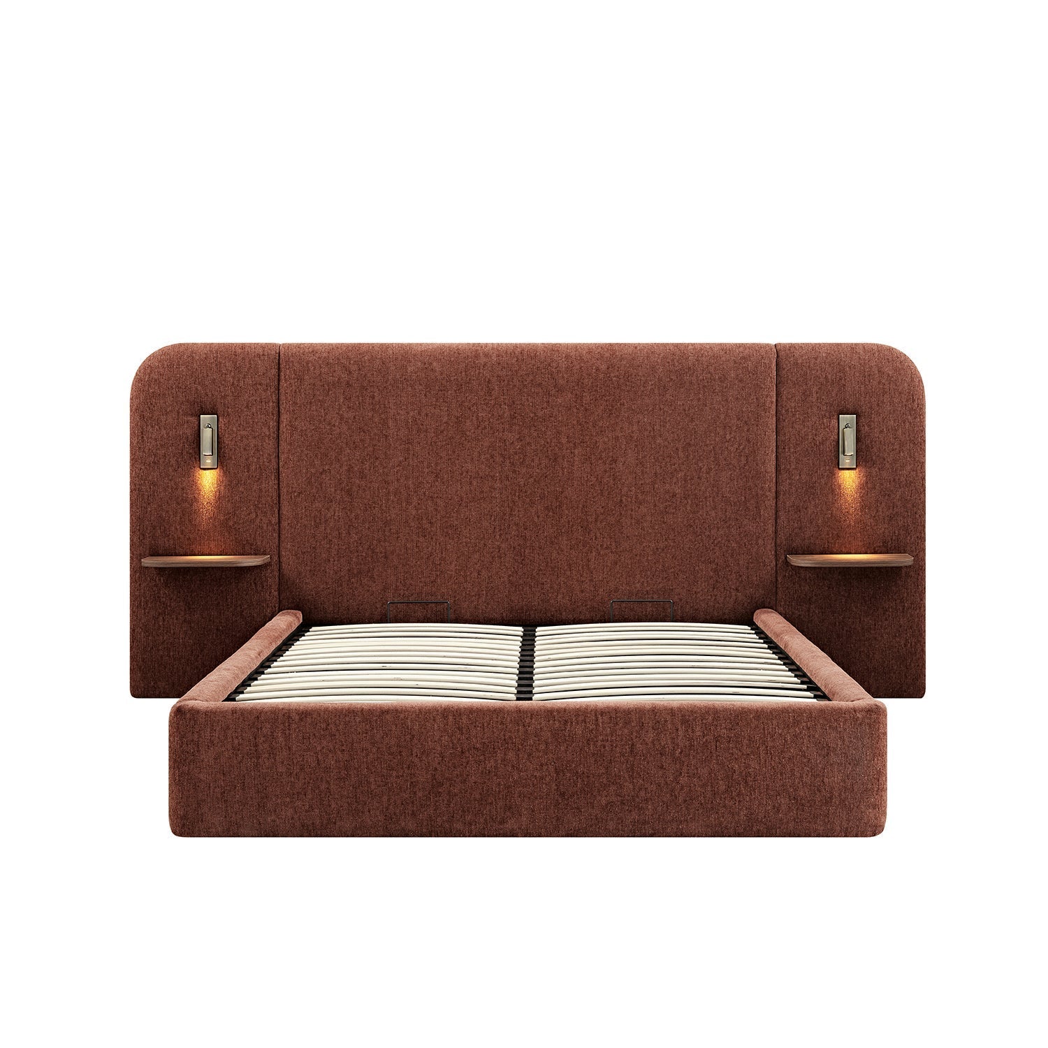 Della Extended Headboard Bed with Storage, Burnt Brick Chenille
