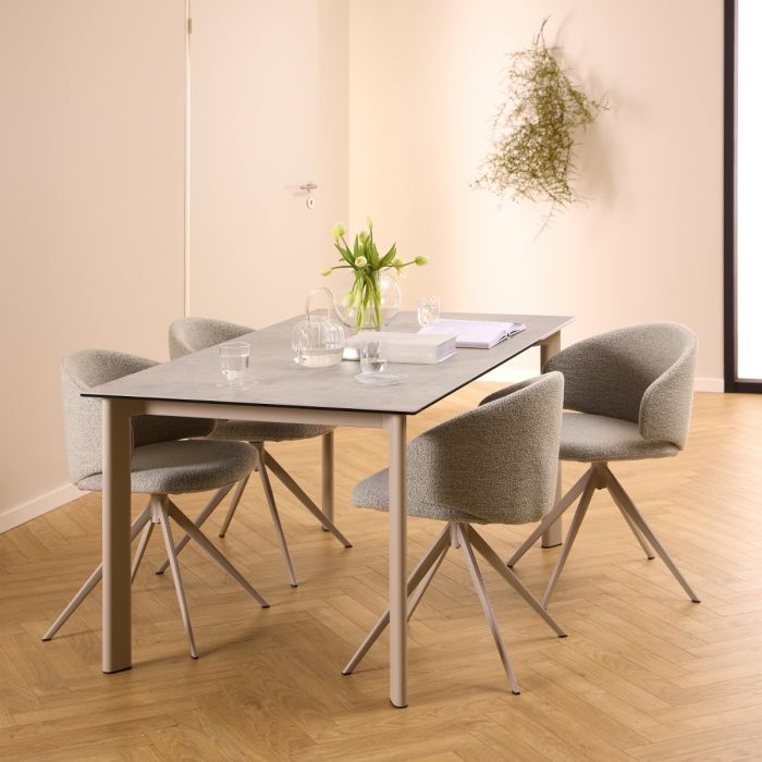Palermo Ceramic Dining Table in Grey 160x75cm with 4 Ella Swivel Beige Chairs