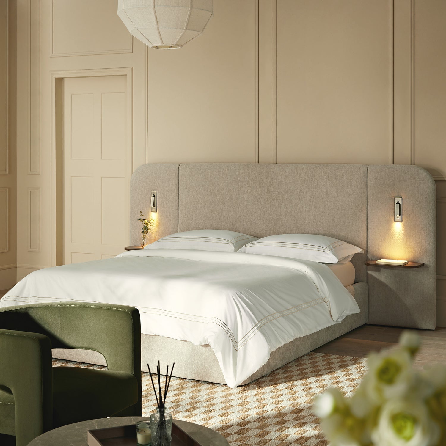 Della Extended Headboard Bed with Storage, Soft Beige Chenille