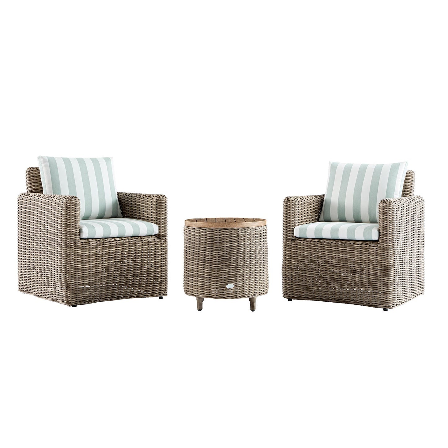 Bellagio Round Wicker Bistro Set with Rising Side Table, Natural with Sage Stripes
