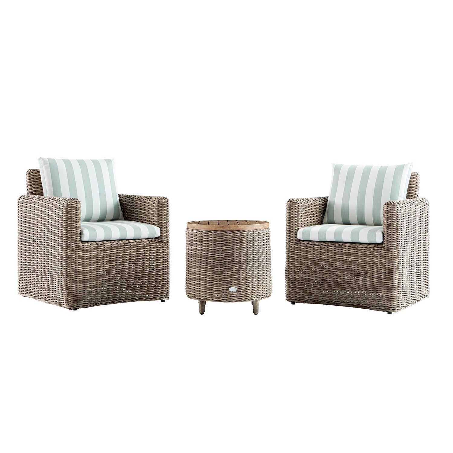 Bellagio Round Wicker Bistro Set with Rising Side Table, Natural with Sage Stripes