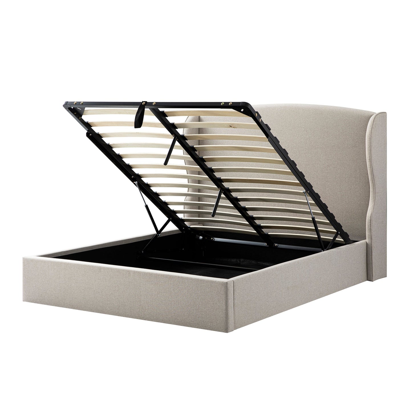 Kimberly Winged Upholstered Bed with Storage, Sand Fabric