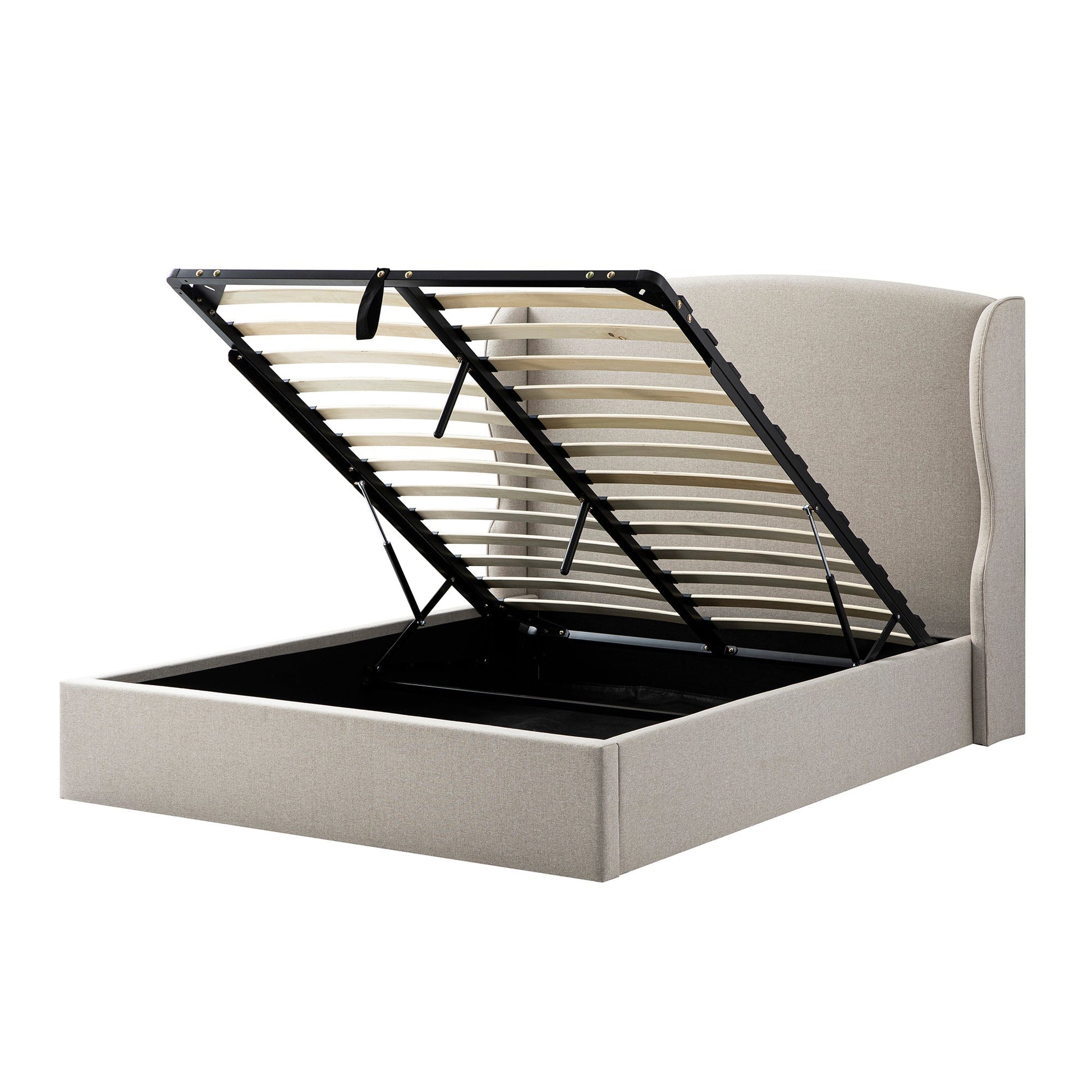 Kimberly Winged Upholstered Bed with Storage, Sand Fabric