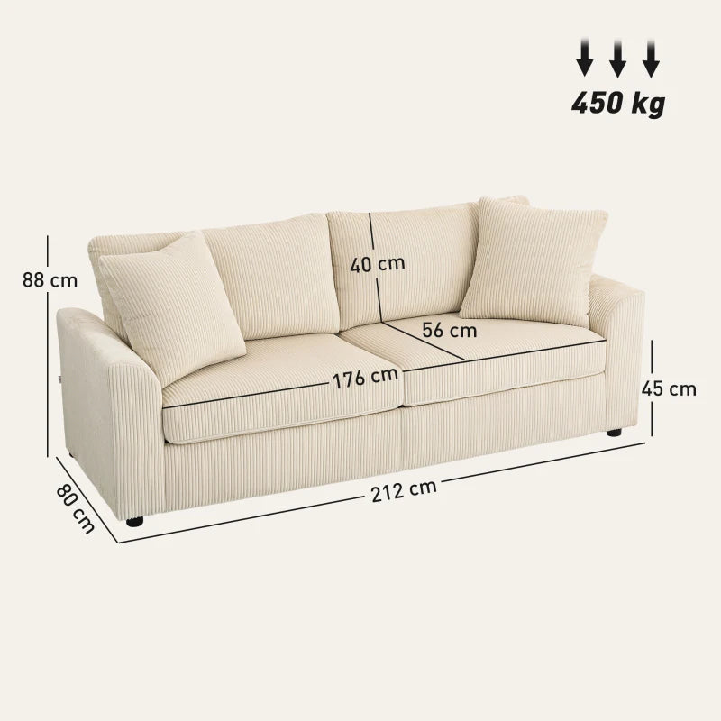 Cream White 3-Seater Jumbo Cord Sofa, 212 cm with Spring Cushions and 2 Scatter Cushions – Fabric Upholstered Settee for Home or Office