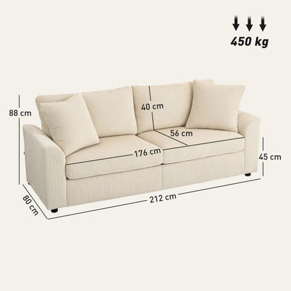 Cream White 3-Seater Jumbo Cord Sofa, 212 cm with Spring Cushions and 2 Scatter Cushions – Fabric Upholstered Settee for Home or Office