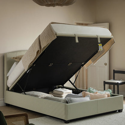 Chilworth Upholstered Ottoman Bed with Storage, Green Stripe Linen Blend