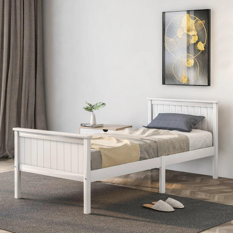 Single Wooden Bed Frame with Headboard - White