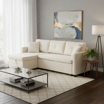 Beige L-Shaped Convertible Sofa Bed with Reversible Chaise, Storage & Sleeper – Space-Saving Sofa (196L x 126W x 79H cm)
