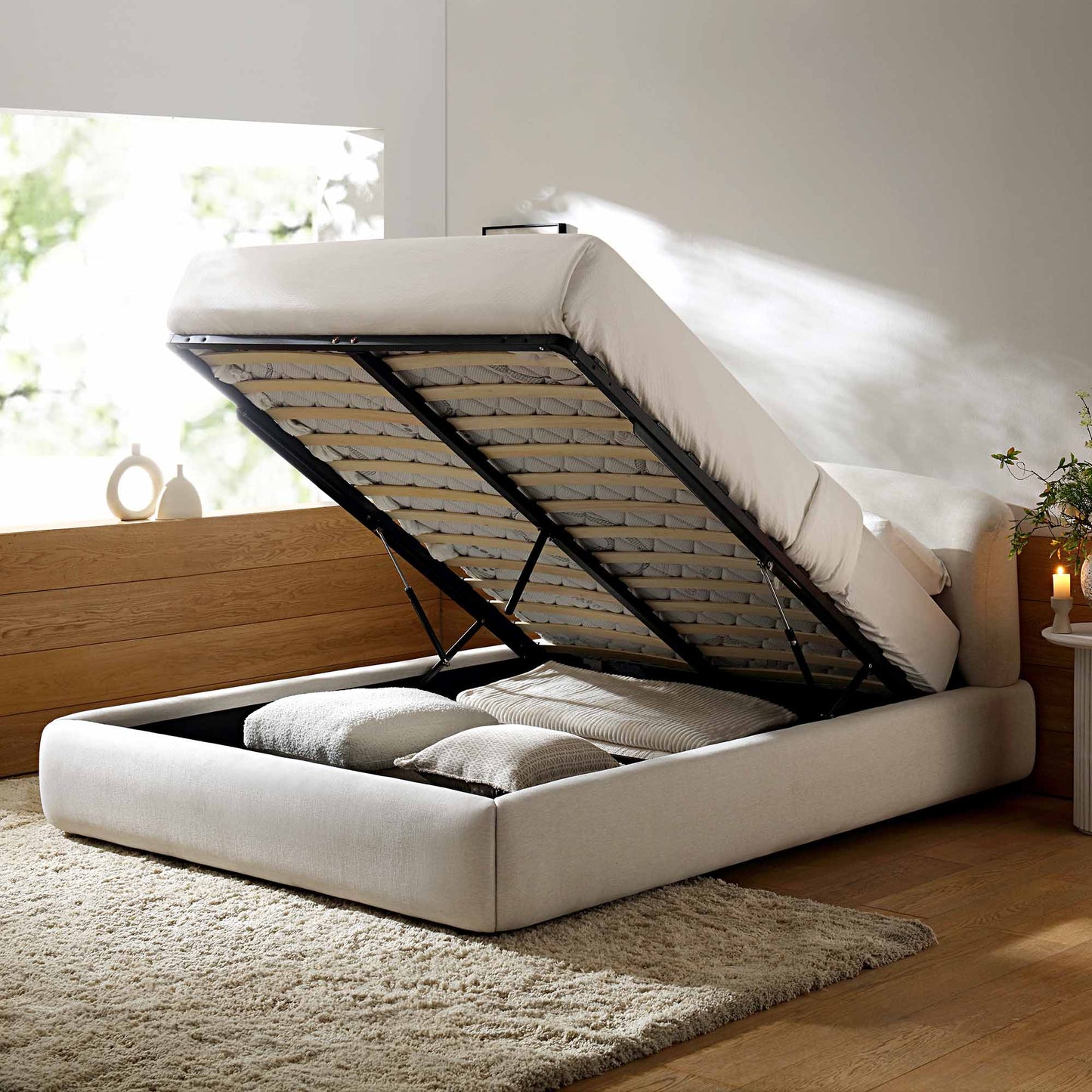 Constance Winged Headboard Ottoman Bed with Storage, Beige Linen