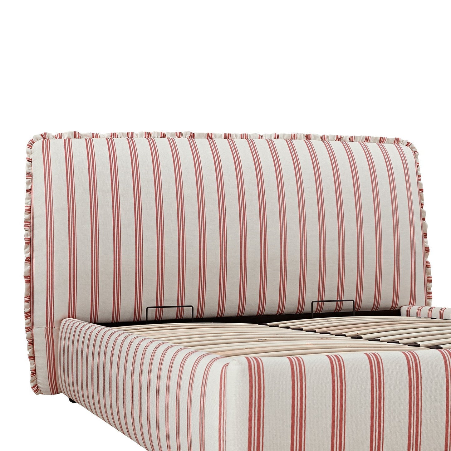 Celeste Upholstered Bed with Storage with Ruffled Headboard, Peony Red Stripe