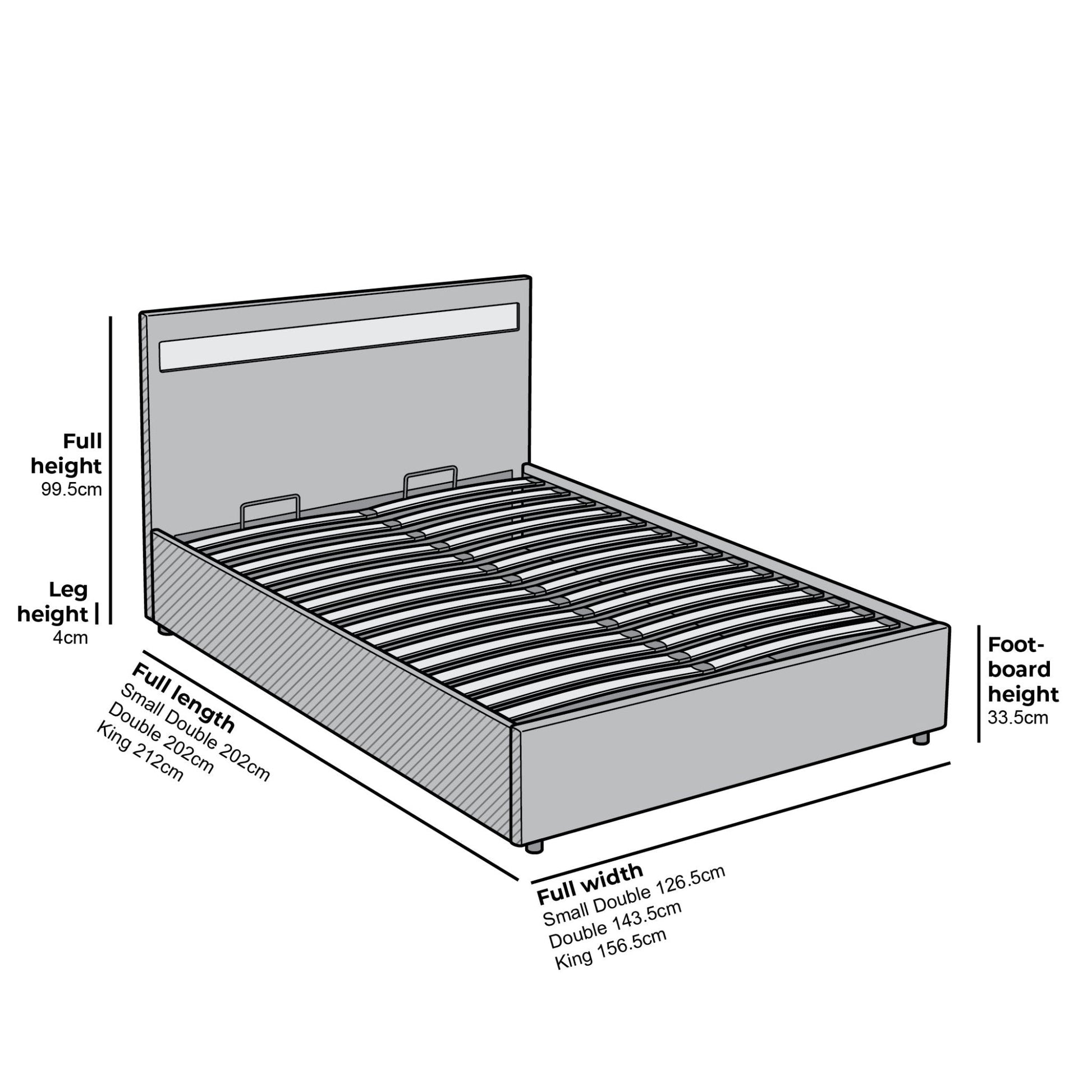 Pimlico End Opening Ottoman Bed with Storage Frame with Multi-colour LED Headboard (Grey Fabric)