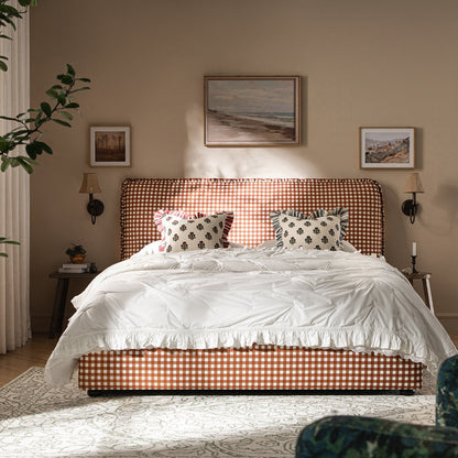 Celeste Upholstered Bed with Storage with Ruffled Headboard, Brick Gingham