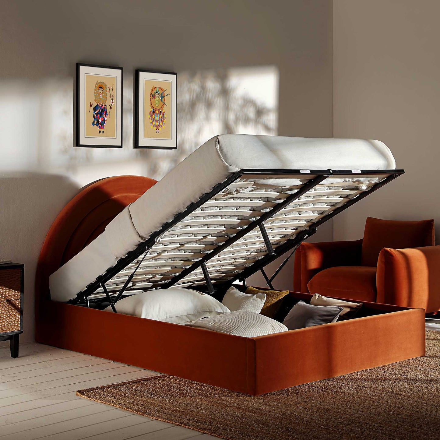 Archer Rust Velvet Ottoman Bed with Storage