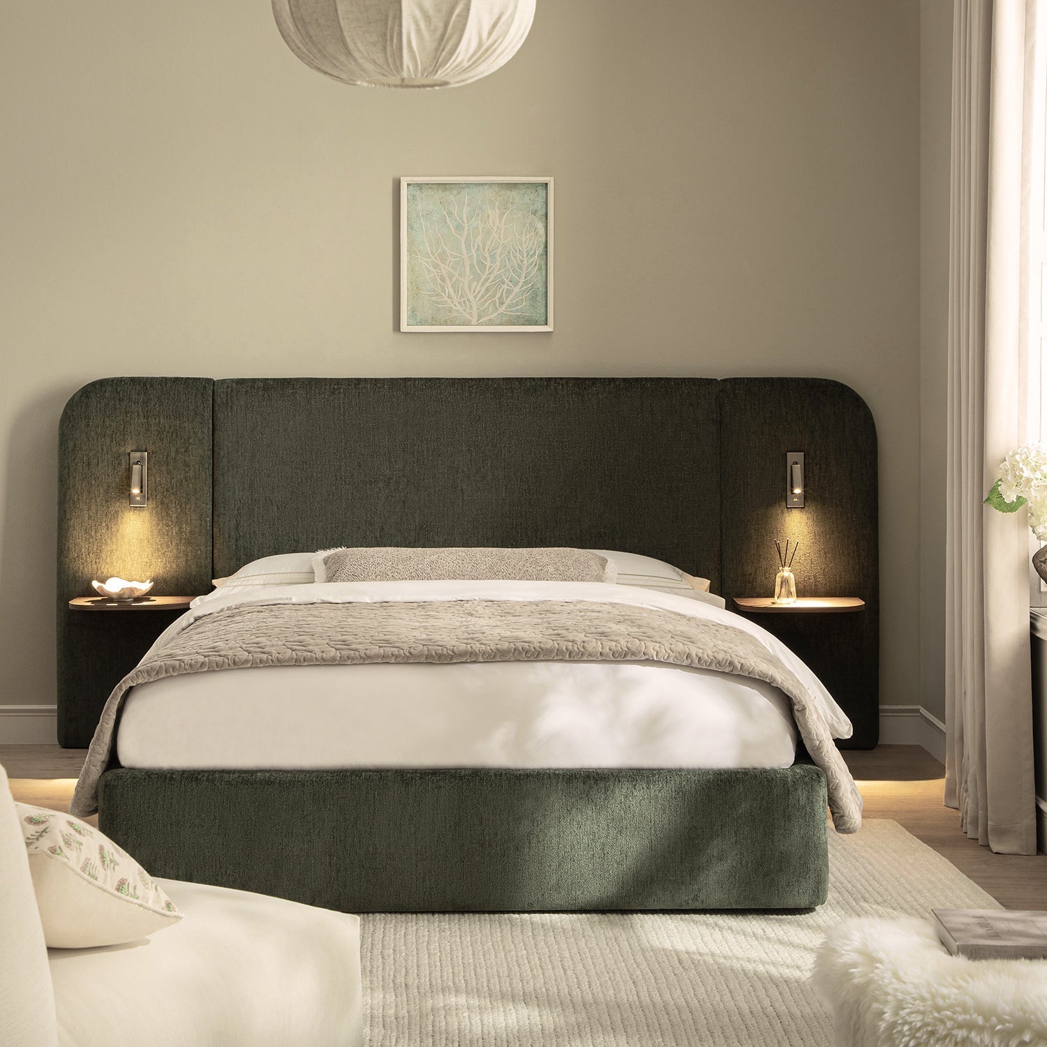 Della Extended Headboard Bed with Storage, Moss Green Chenille