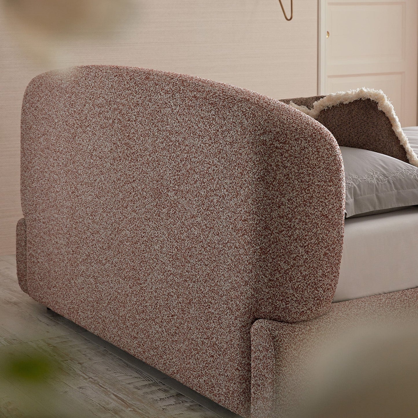 Constance Winged Headboard Ottoman Bed with Storage, Musk Blush Boucle