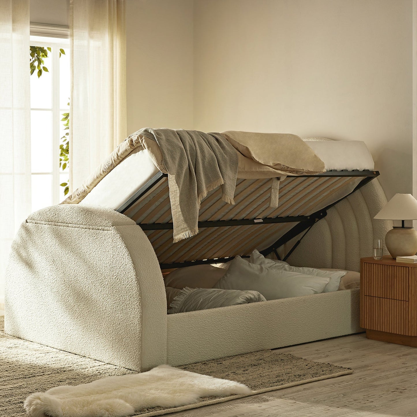 Archer White Boucle TV Bed with Ottoman Storage