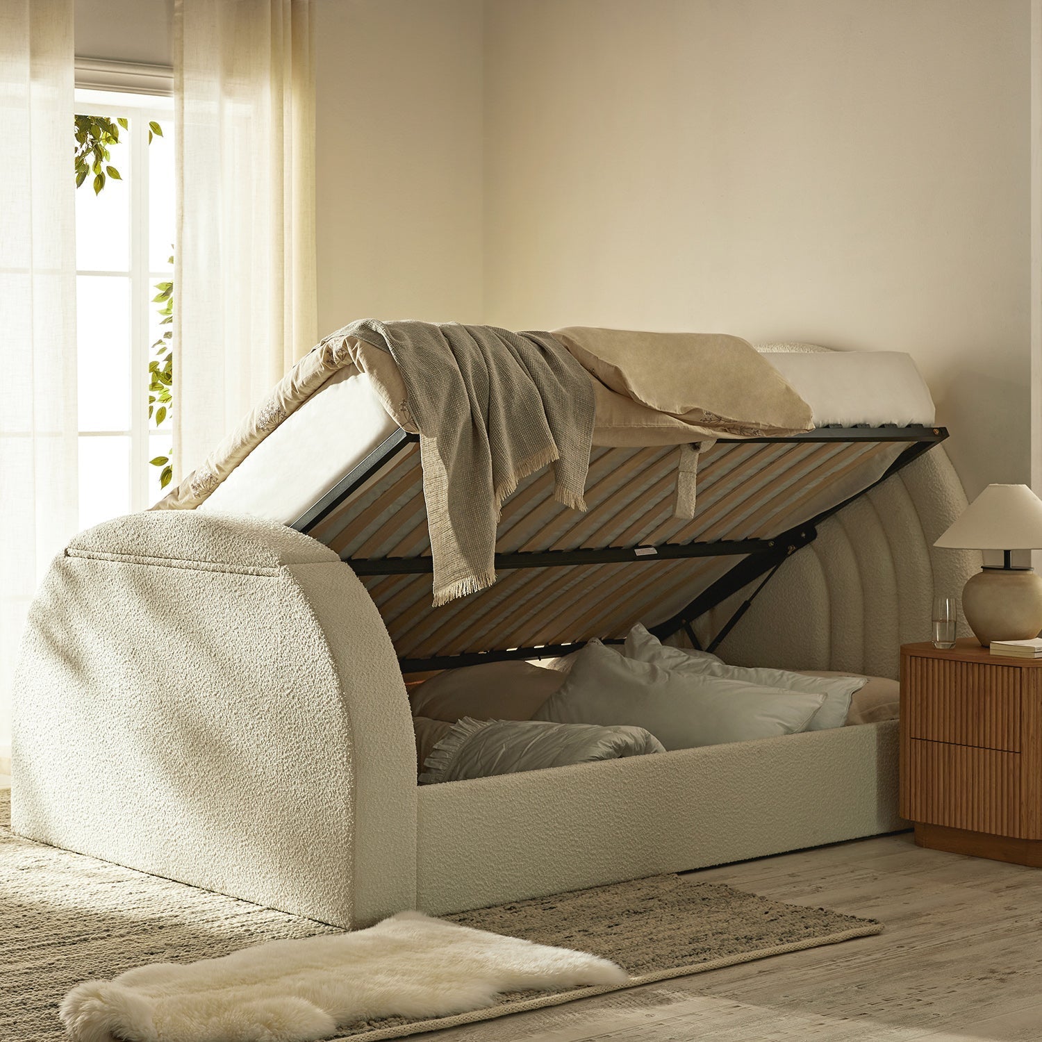 Archer White Boucle TV Bed with Ottoman Storage