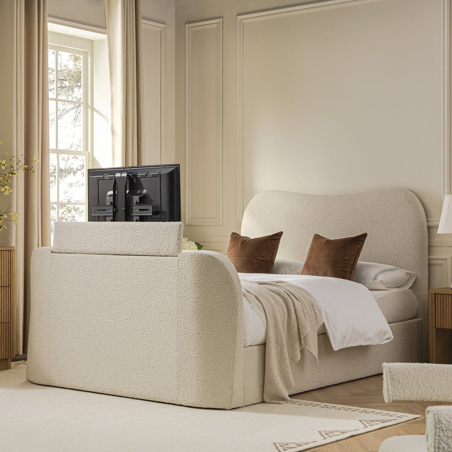 Egerie Curved Headboard Beige Boucle TV Bed with Ottoman Storage