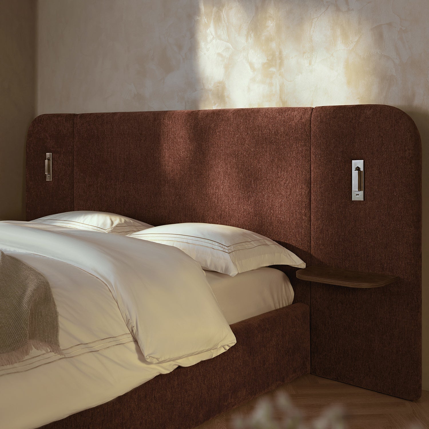Della Extended Headboard Bed with Storage, Burnt Brick Chenille