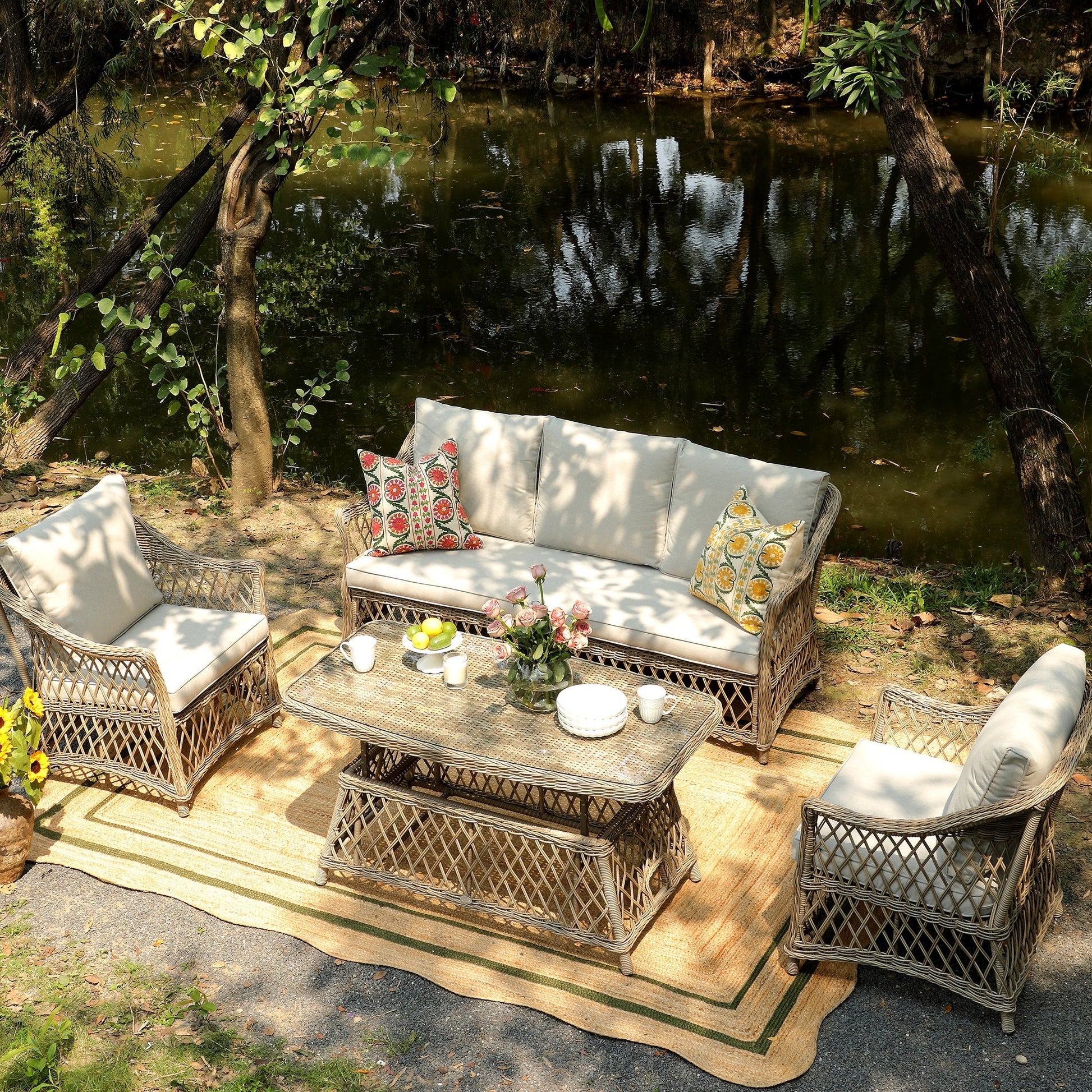 Willowbrook Lattice Weave Rattan 5-Seater Outdoor Sofa Set with Rising Table, Natural