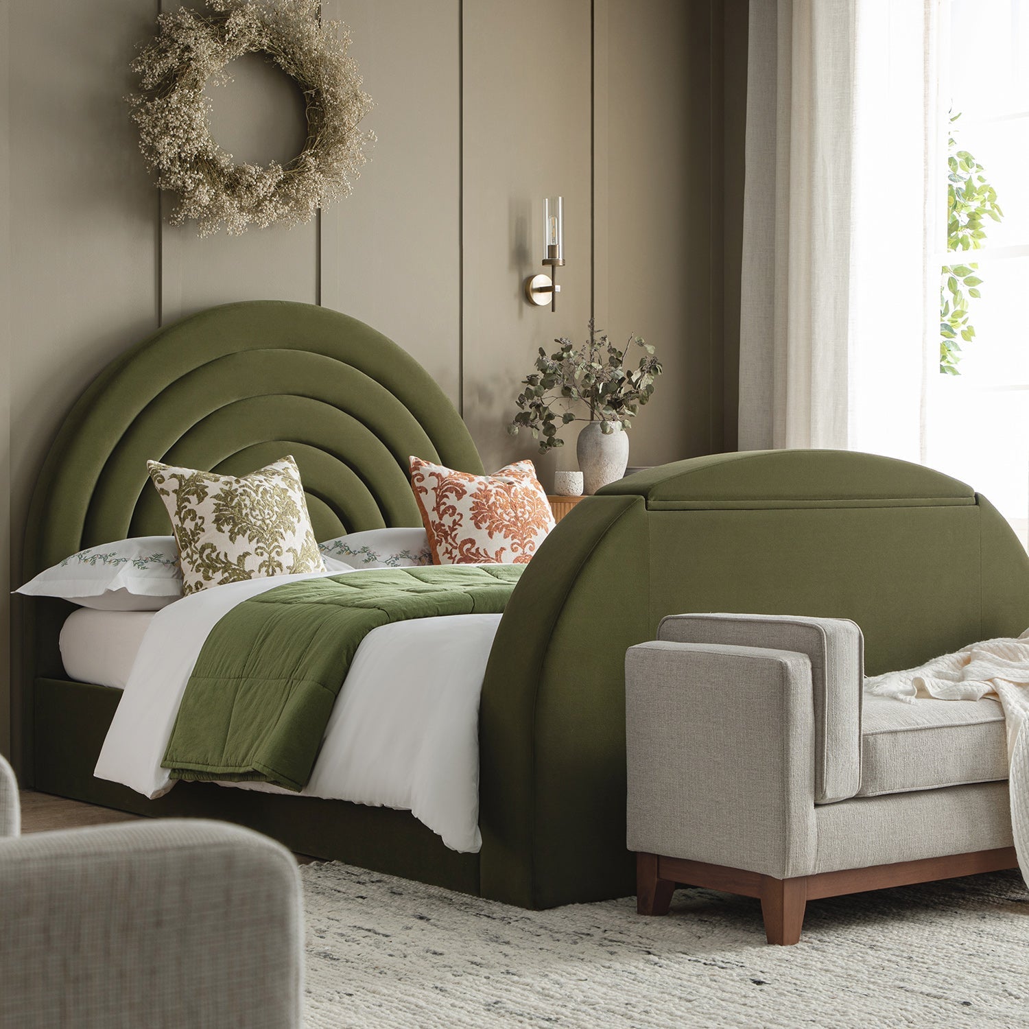 Archer Moss Green Velvet TV Bed with Ottoman Storage