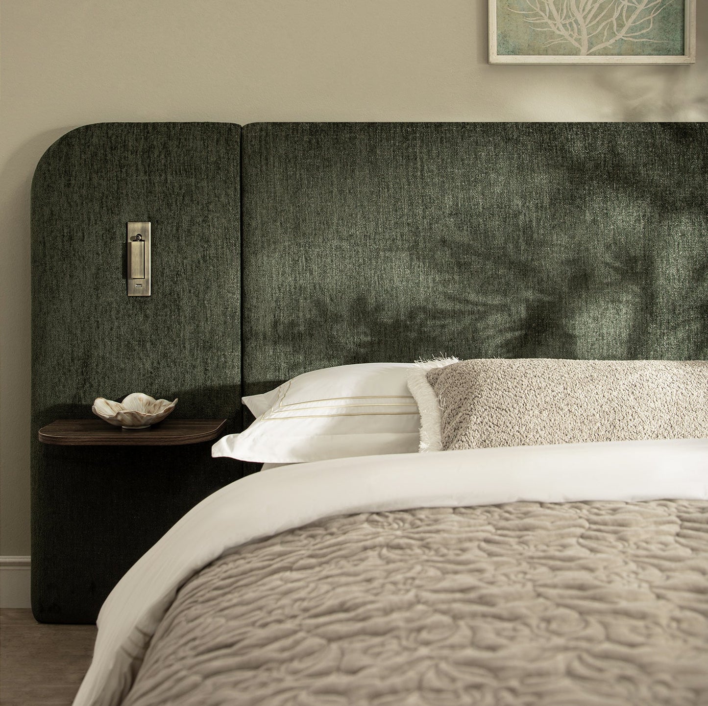 Della Extended Headboard Bed with Storage, Moss Green Chenille