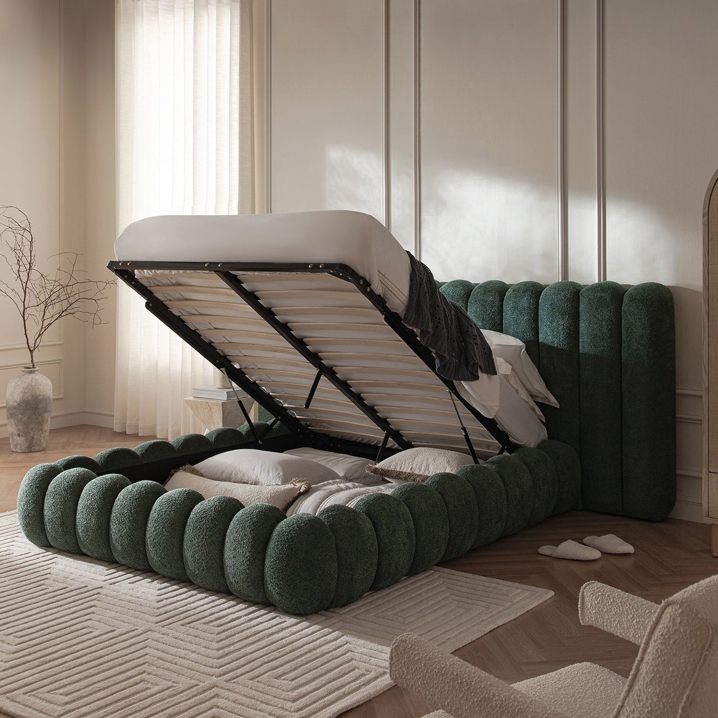 Sebastian Grand Bed with Storage, Forest Green Teddy Bouclé