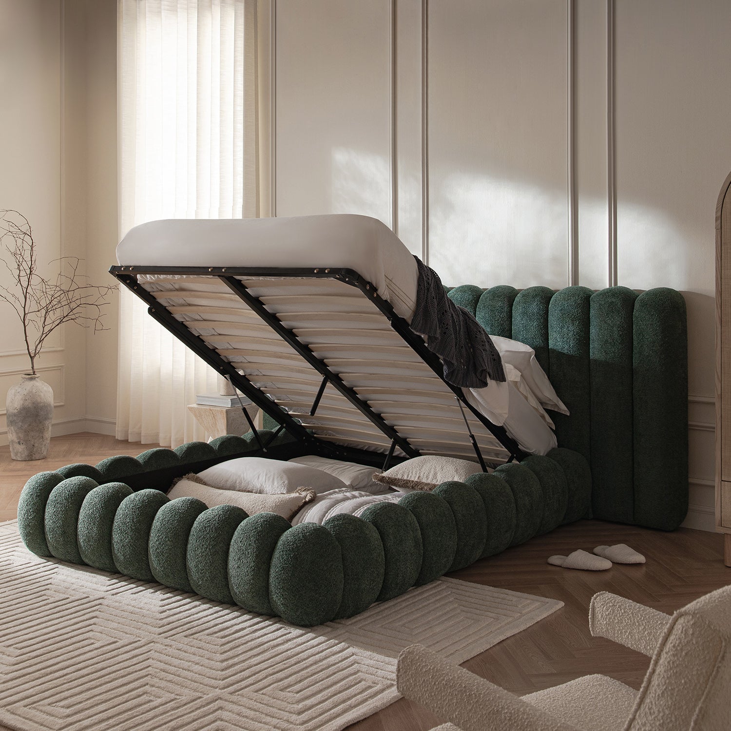 Sebastian Grand Bed with Storage, Forest Green Teddy Bouclé