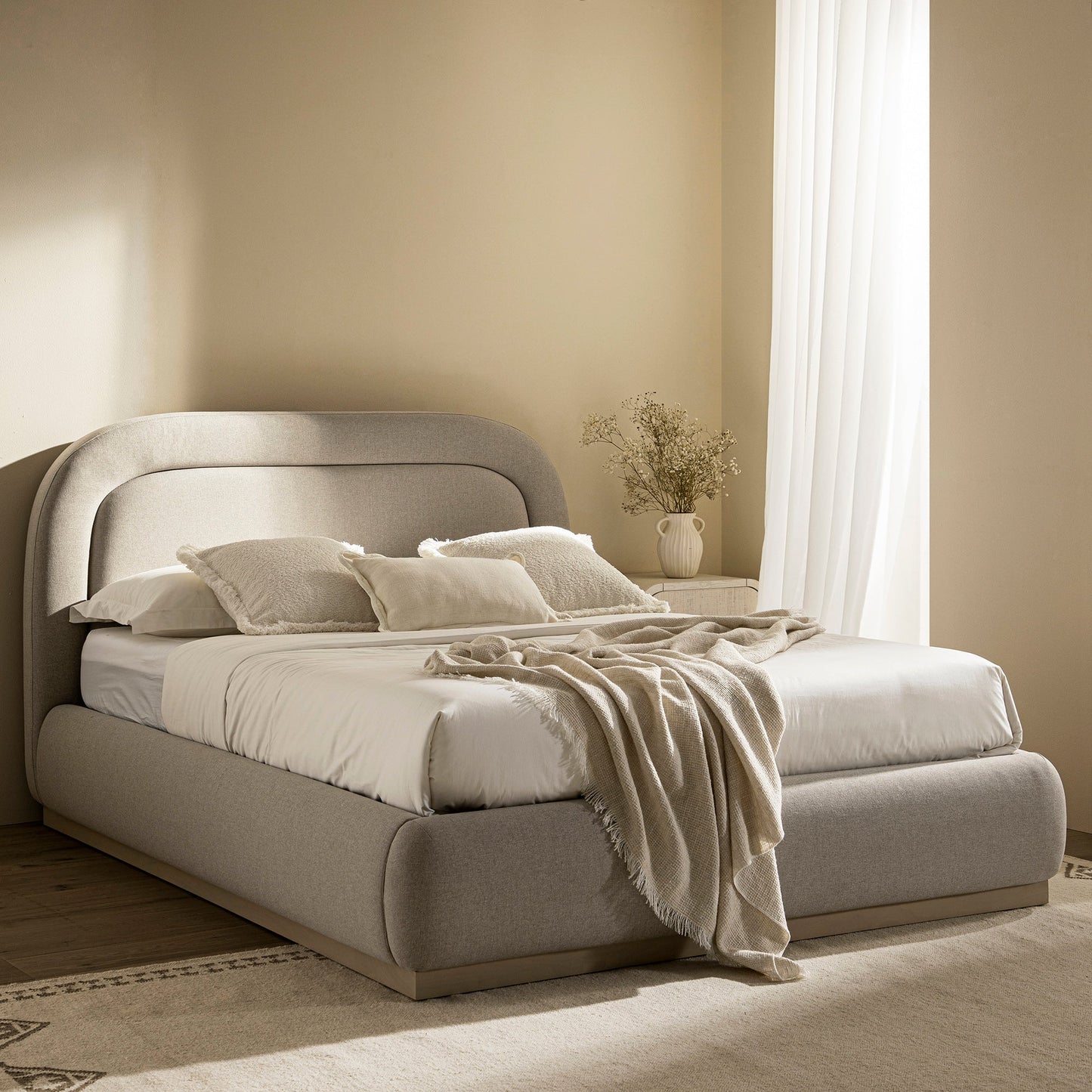 Luella Upholstered Wooden Plinth Base Bed with Storage, Sand Fabric