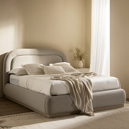 Luella Upholstered Wooden Plinth Base Bed with Storage, Sand Fabric